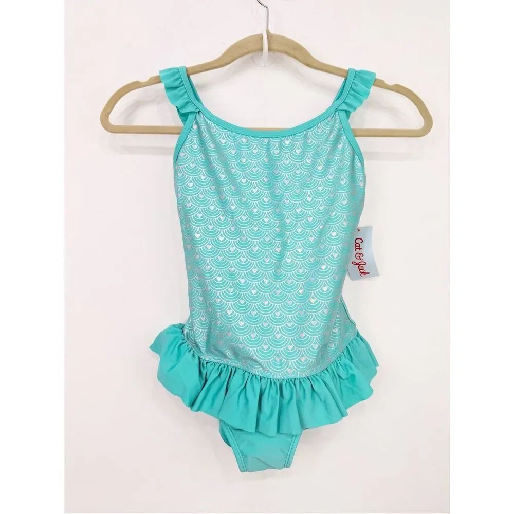 Cat & Jack Turquoise Silver Scallop Heart Ruffle One Piece Swim Bathing Suit